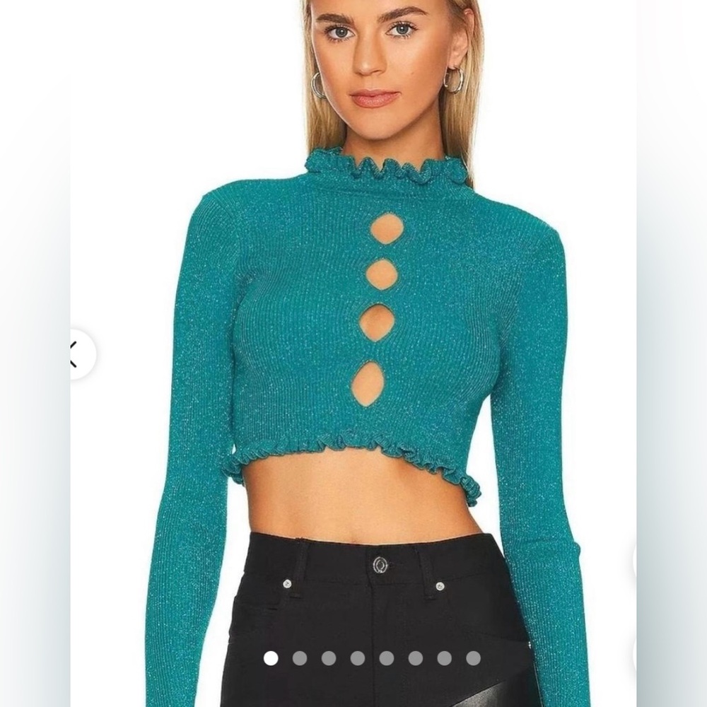 174 NWT For Love and Lemons $95 Teal Long Sleeve Ruffle Cut Out Crop Top Size XS